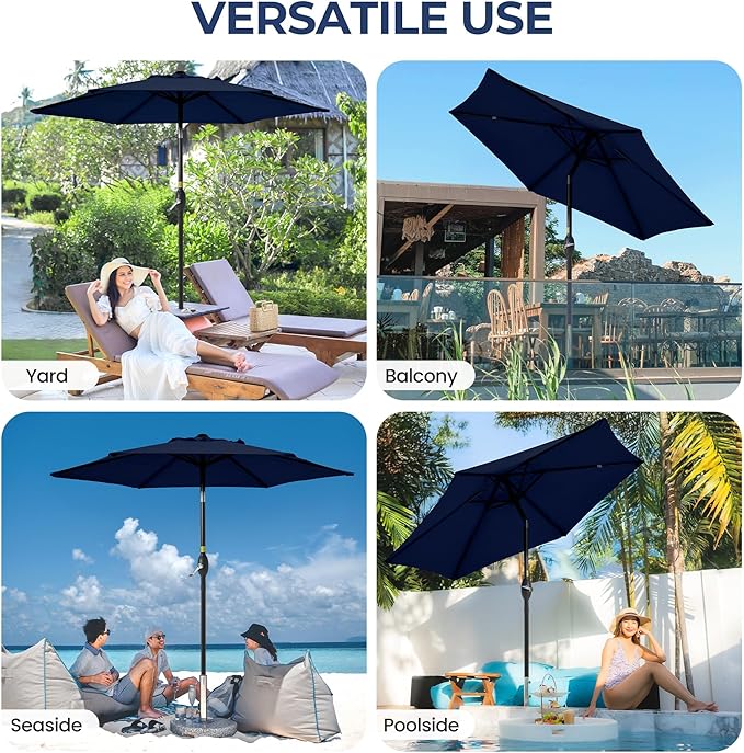SUNVIVI OUTDOOR 7.5' Outdoor Patio Umbrella, Patio Umbrella, Market Umbrella, Metal Pole Umbrella with Push Button Tilt and Crank, 6 Ribs, Polyester Canopy