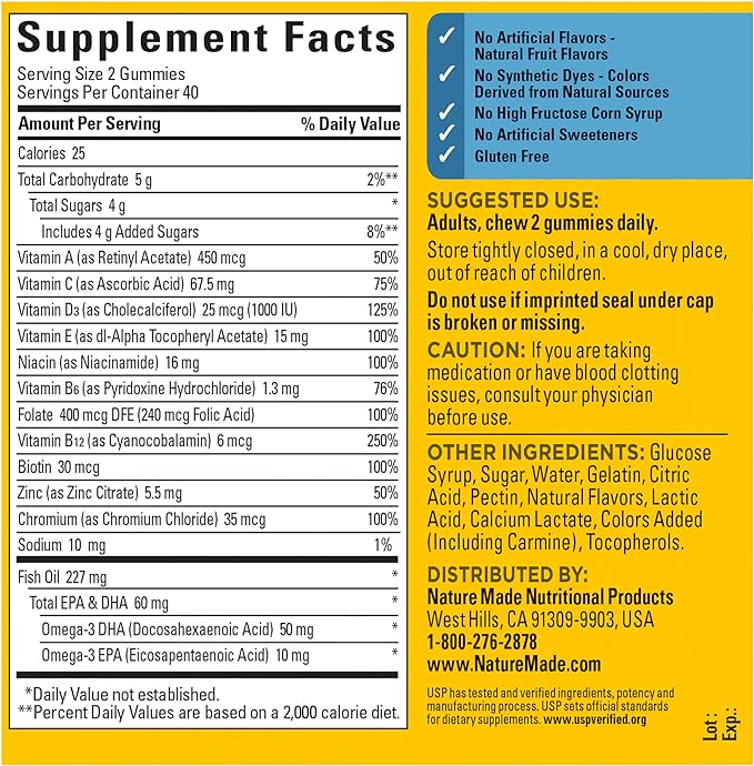 Nature Made Multivitamin for Him with Omega-3, Mens Multivitamins for Daily Nutritional Support, Multivitamin for Men, 80 Gummy Vitamins and Minerals, 40 Day Supply