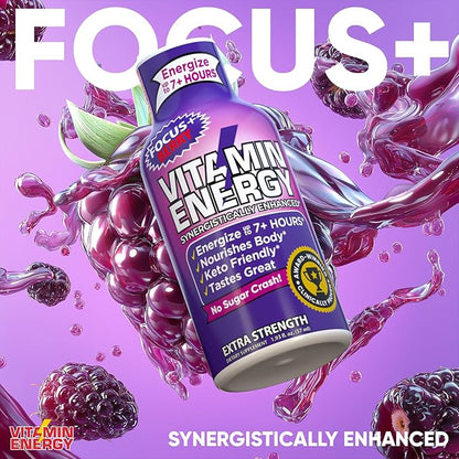 Vitamin Energy Focus+ Extra Strength Daily Energy Shot – Berry – 260mg Natural Caffeine, 100% DV B-Vitamins – Focus & Productivity Support – Zero Sugar, Vegan, Kosher – 1.93 fl oz, 24-Pack