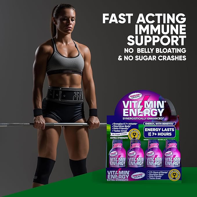 Vitamin Energy Immune+ Extra Strength Daily Energy Shot – Grape – 260mg Natural Caffeine, B-Vitamins, Green Tea, Citicoline – Immune & Focus Support – Zero Sugar, Vegan – 1.93 fl oz, 12-Pack