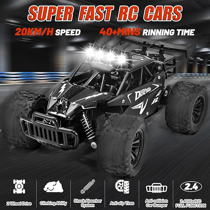 Remote Control Car RC Cars Xmas Gifts, 2.4GHz High Speed 20KM/H Remote Control Car with LED Headlight and Rechargeable Battery, 4X4 Off Road Monster Truck Toys Gift for Boys Age 4-7 8-12