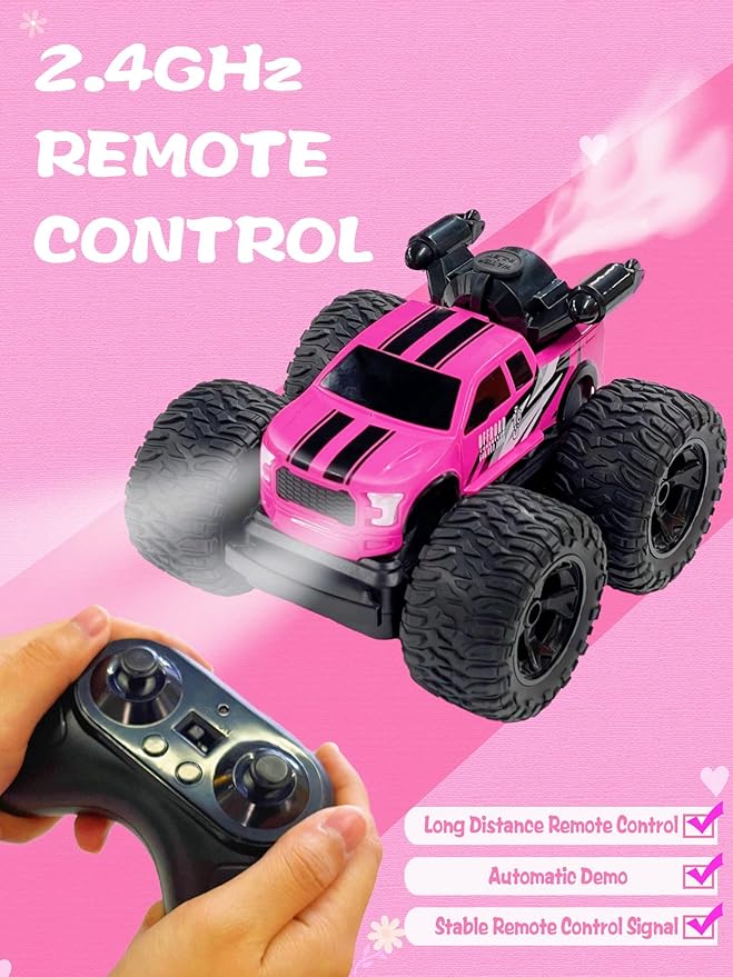 Monster Truck for Girls, Remote Control Car Toys, Pink RC Trucks With Spray Function, 4WD 360 Flips Rotating Car, Ideal Birthday for 3+ Year Old Girls