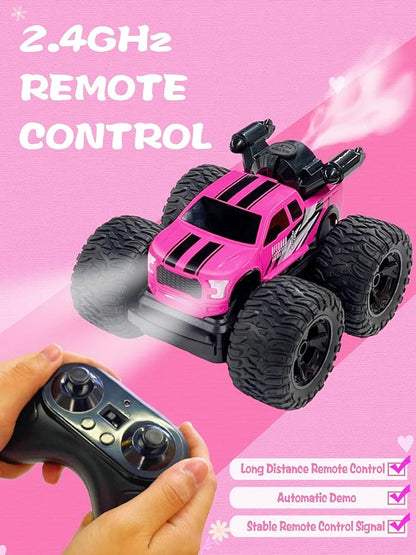 Monster Truck for Girls, Remote Control Car Toys, Pink RC Trucks With Spray Function, 4WD 360 Flips Rotating Car, Ideal Birthday for 3+ Year Old Girls