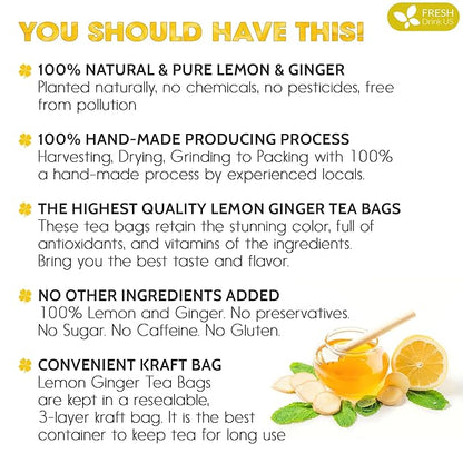 FreshDrinkUS, Premium 200 Lemon Ginger Tea Bags, 100% Natural Ingredients, Hand-made Blend of Lemon and Ginger, Eco-conscious Tea Bags. Lemon Ginger Herbal Tea. No Sugar, No Caffeine, Vegan.