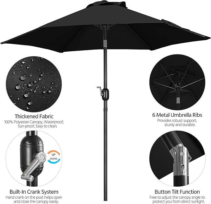 Yaheetech 7.5FT Patio Umbrella Outdoor Table Umbrella Canopy Market Umbrella with Push Button Tilt & Crank for Garden/Lawn/Deck/Backyard/Pool, 6 Ribs, Black