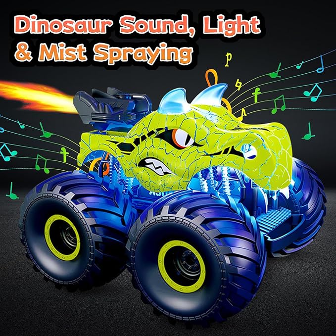 Remote Control Car, 2.4GHz Monster Trucks for Boys Girls with Light, Sound & Spray, Stunt Car Toys Gift for Kids 3 4 5 6 7 8, 4WD All Terrain RC Cars for Toddlers with 2 Batteries