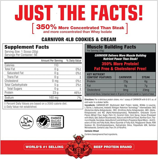 MuscleMeds Carnivor Beef Protein Isolate Powder, Cookies & Cream, 56 Servings, 1680 Gram, 59.2 Ounce, 3.7 Pound