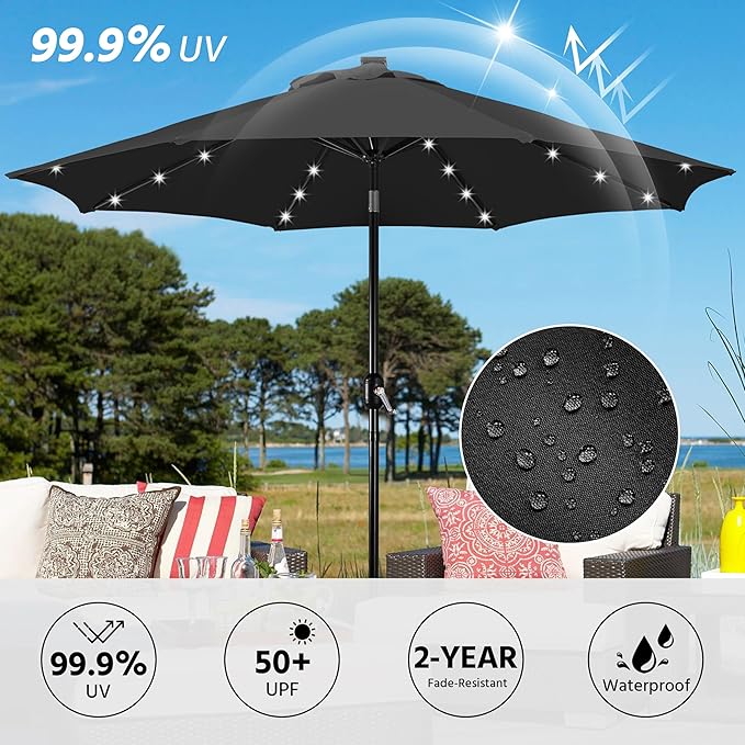 Yaheetech 9FT Solar Patio Umbrella Outdoor Table Market Umbrella w/8 Ribs and 32 LED Lights, Tilt & Crank & UV Protection for Backyard/Deck/Poolside, Black