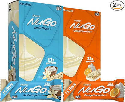 NuGo Original Variety, Vanilla Yogurt 15 bars & Orange Smoothie 15 bars, 11g Protein, Gluten Free, 30 Count