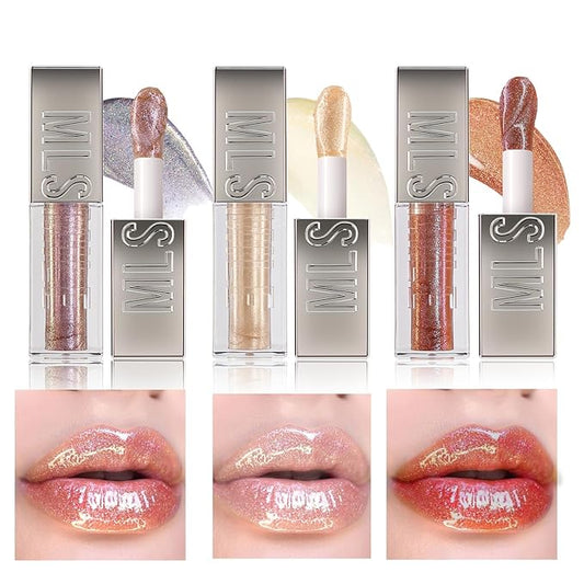 3 PCS High Shine Glitter Lipglossey,Diamond Glitter Lip Gloss Long Lasting Moisturizing Lip Gloss Non-sticky Glossy Glitter Liquid Lipstick for Women,girls 0.33fl oz
