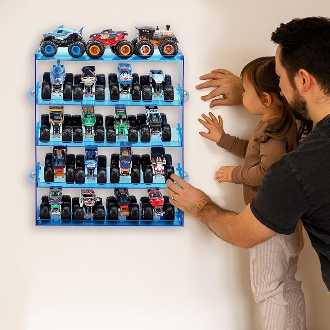 Assembly Monster Trucks Display Case - 5 Tier Acrylic Storage Case with Tilted Design, Organizer for 20 Toy Trucks (Blue)