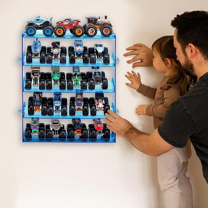 Assembly Monster Trucks Display Case - 5 Tier Acrylic Storage Case with Tilted Design, Organizer for 20 Toy Trucks (Blue)