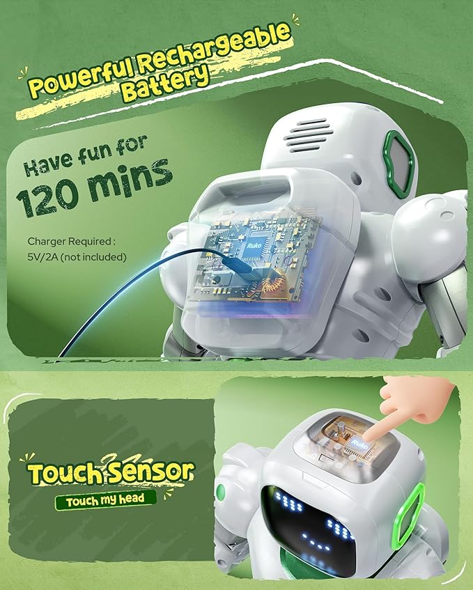 Ruko 1088 Large Robot Toys for Kids, Voice and App Control, Smart Remote Control Carle Robots, Programmable Interactive Music Girls Boys Toys, Gifts for Kids 4 5 6 7 8 9 Year Old, Green