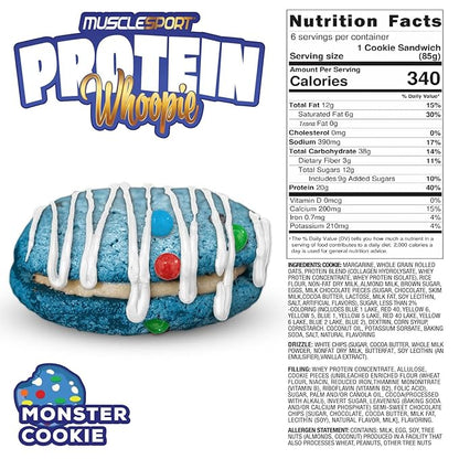 Musclesport Protein Whoopies - High Protein Whoopie Pie Style Cookies with Protein from Whey and Collagen, Good Source of Fiber (6 Pack Box, Monster Cookie)