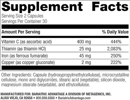 Bariatric Advantage Iron 45 mg with Vitamin C, Thiamin and Copper for Increased Absorption and Utilization, Easily Digestible for Gastric Bypass and Sleeve Gastrectomy Surgery Patients - 60 Count