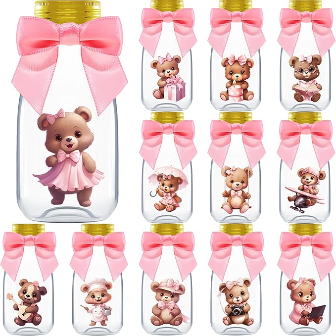 Small 12 Pack We Can Bearly Wait Party Favors for Girl - Candy Jars with Ribbon and Stickers - DIY Party Decoration Bottles for Baby Shower and Gender Reveal - Pink Teddy Bear Table Centerpiece