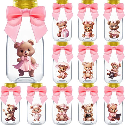 Small 12 Pack We Can Bearly Wait Party Favors for Girl - Candy Jars with Ribbon and Stickers - DIY Party Decoration Bottles for Baby Shower and Gender Reveal - Pink Teddy Bear Table Centerpiece