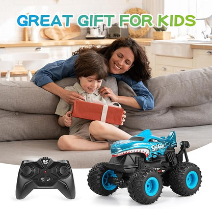 DYODYORC Remote Control Car, 2.4Ghz All Terrain Shark Monster Truck Toys, RC Truck with Music, 3 Lighting Effects, 360 Stunt Capable, All Included Ready to Run, Toy Gifts for Boys and Girls (Blue)