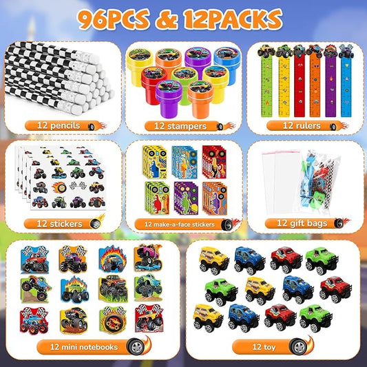 BenLouis 96Pcs Monster Truck Party Favors Truck Car Birthday Stampers Stickers School Stationery Set Bulk for Kids wheels party Race Car Themed Party Goodie Bag Stuffers Pinata Filler Supplies