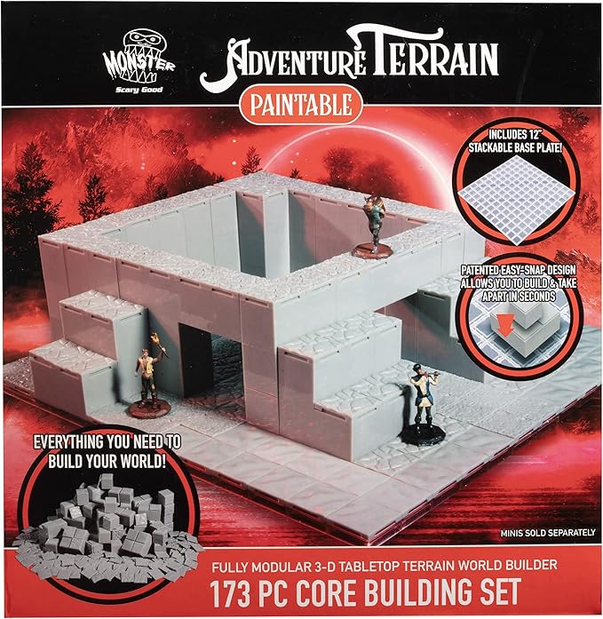Monster Adventure Terrain - 173pc Paintable Core Building Set w Baseplate- Fully Modular & Stackable 3-D Tabletop World Builder Compatible w DND Dungeons Dragons, Pathfinder, All RPG Games, Gift