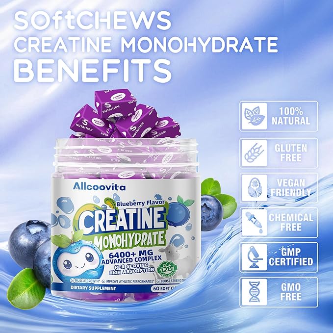 Creatine Monohydrate Chews Complex 6400mg for Men & Women -Advanced Formula W/L-Taurine + Vitamin B12, Sugar Free Chewable Supplement,60 Blueberry Softchews