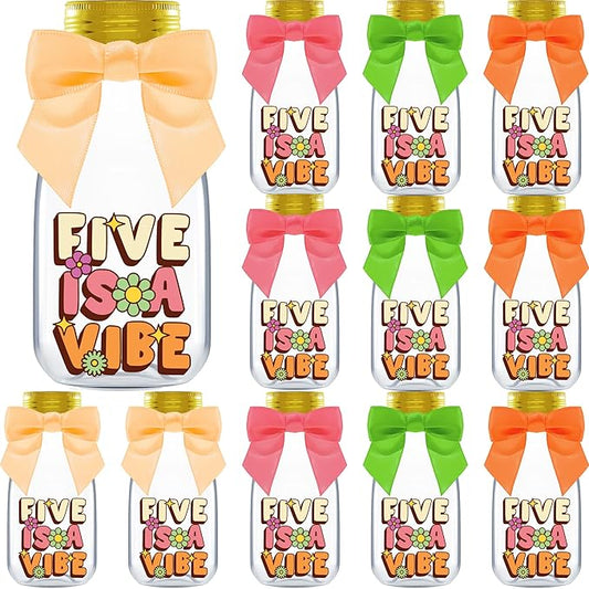 Small 12 Pack Five is a Vibe Party Favors - DIY Candy Jars with Ribbons and Stickers - Groovy Party Decoration Bottles for 5th Birthday Bash for Boy or Girl - Giftable Funky Retro Table Centerpiece