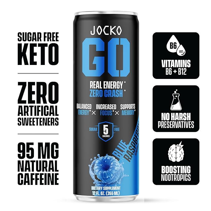 Jocko Fuel Blue Raspberry Energy Drink, 12 Pack, 0 Sugar, 95mg Caffeine, Supports Brain Health