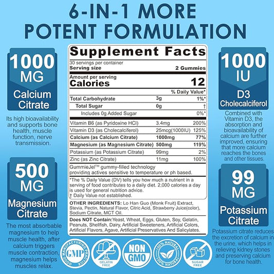 Sugar Free Calcium Citrate Gummies 1000mg with Vitamin D3, Ultimate Absorption Calcium Supplement for Women Men, Plus Magnesium, Potassium, Zinc, B6 for Bones, Muscle & Immune Health, 2Pack