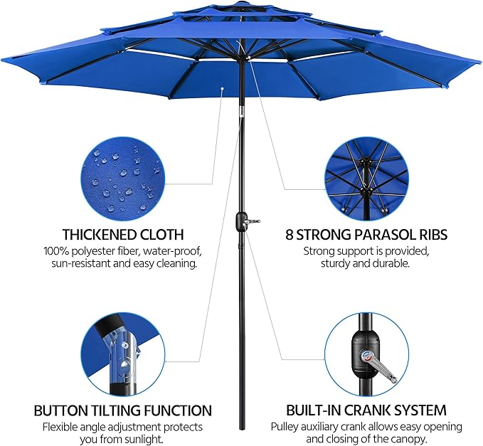 Yaheetech 3 Tier Patio Umbrella 10ft Vented Outdoor Large Market Table Umbrella with 8 Sturdy Ribs and 1.5" Umbrellla Pole, Double-layer Cloth & Push-button Tilting & Crank for Pool/Garden/Lawn Blue