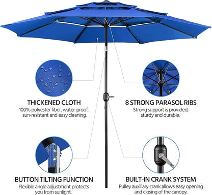 Yaheetech 3 Tier Patio Umbrella 10ft Vented Outdoor Large Market Table Umbrella with 8 Sturdy Ribs and 1.5" Umbrellla Pole, Double-layer Cloth & Push-button Tilting & Crank for Pool/Garden/Lawn Blue