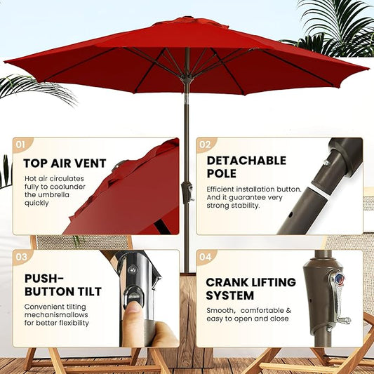 Ayge 9FT Large Outdoor Patio Umbrella Market Table Umbrella-UV Resistant, Easy Push Button Tilt and Crank, 8 Sturdy Fiberglass Ribs Heavy-Duty Pool Umbrella for Deck, Backyard,Garden
