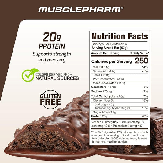 MusclePharm Combat Ready Chocolate Cake Protein Bars, High Protein Bars, Combat Cravings, Fuel Performance & Meet Energy Demands, 20g Protein from Whey Protein, 5g Fiber, Gluten Free, 4 Bars