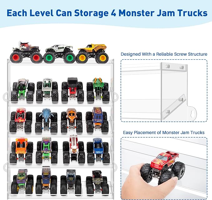 Assembly Monster Trucks Display Case Holding for 20 Monster Trucks Acrylic Storage Case 5 Tiers Monster Trucks Organizer with Tilted Design, Display Case for Toy Trucks (Transparent)