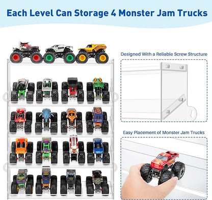 Assembly Monster Trucks Display Case Holding for 20 Monster Trucks Acrylic Storage Case 5 Tiers Monster Trucks Organizer with Tilted Design, Display Case for Toy Trucks (Transparent)