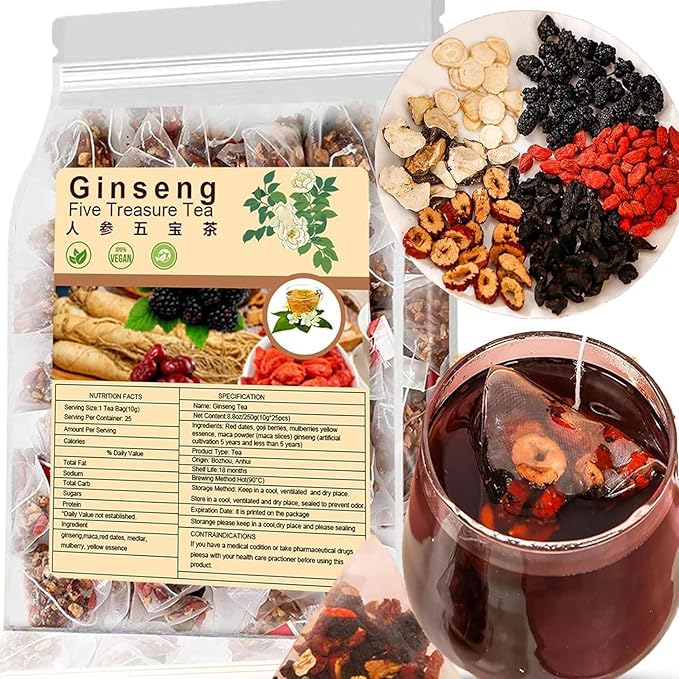 Ginseng Five Treasures Tea - 25Bags Chinese Kidney Wubao Ginseng Tea, te de riñon Saludable Organica (1)
