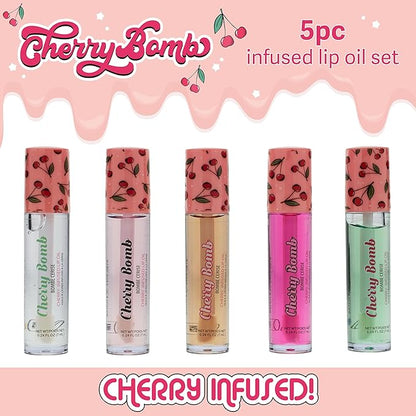 5pc Lip Oil Set - Cherry Bomb Lip Oils, Lip Healing Cherry Infused Lip Oil Collection with Precision Applicator Wand Everyday Lip Care and Lip Repair (CHERRY BOMB)
