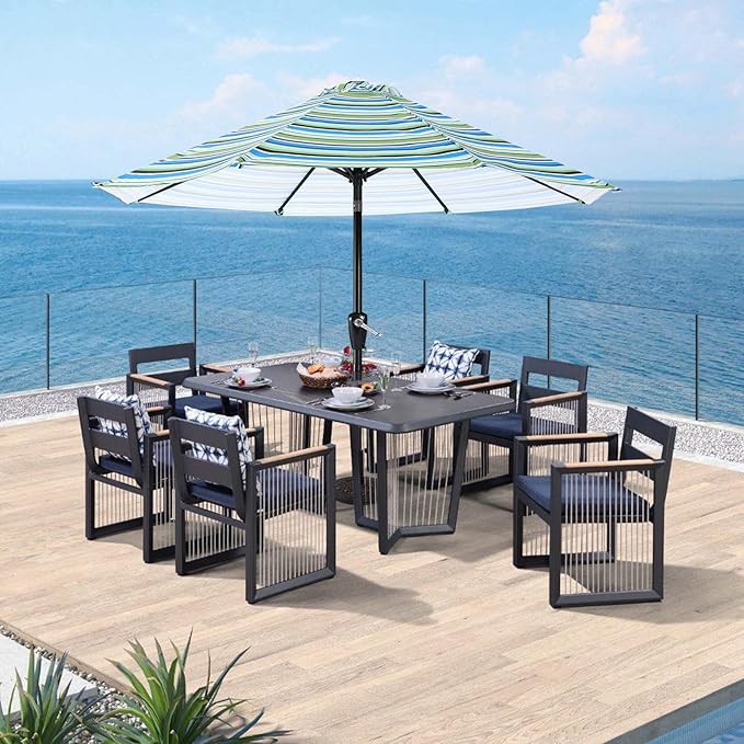 ABCCANOPY 9FT Patio Umbrella - Outdoor Waterproof Table Umbrella with Push Button Tilt and Crank, 8 Ribs UV Protection Pool Umbrella for Garden, Lawn, Deck & Backyard (Blue Green Stripes)