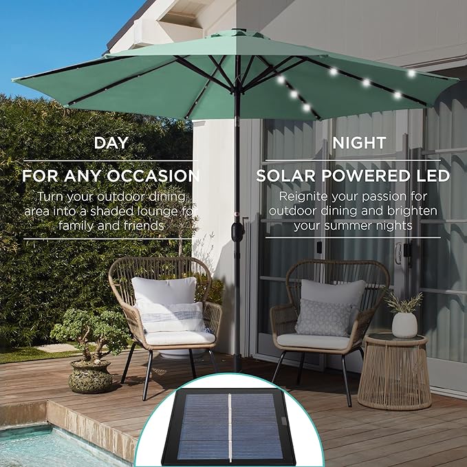 Best Choice Products 10ft Solar Polyester LED Lighted Patio Umbrella w/Tilt Adjustment and UV-Resistant Fabric - Seaglass