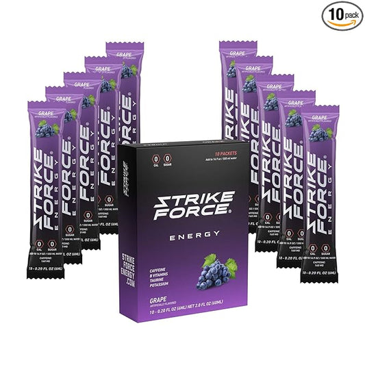 Strike Force Energy Drink Mix - Grape Flavor - Natural Tasting Caffeine Drink - Turn Any Drink into a Healthy Energy Drink - Zero Calories, Keto Friendly, Sugar Free, Pre Workout (10 Liquid Packs)