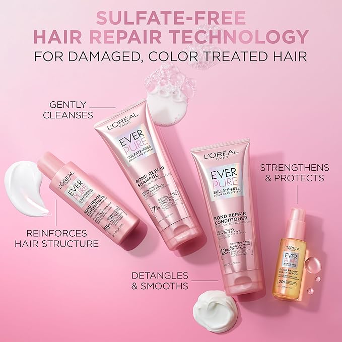 L'Oreal Paris Bond Repair Sulfate Free Conditioner for Damaged Hair, Strengthening Hair Care with Citric Acid, Repairs Weak Hair Bonds, EverPure, 23 Fl Oz