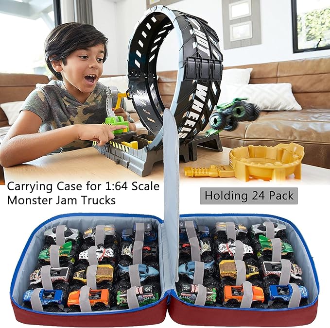 KISLANE Carrying Case for 24 Monster Jam Trucks, Kids Toy Truck Storage Compatible with 24 Monster Jam Trucks, Holding for 1:64 Scale Monster Jam Trucks (Red)