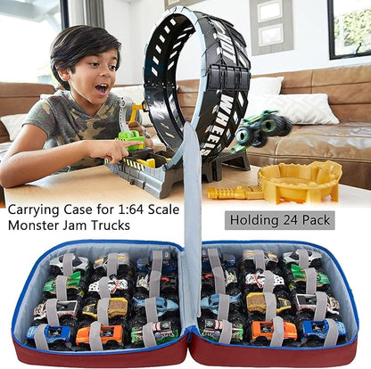 KISLANE Carrying Case for 24 Monster Jam Trucks, Kids Toy Truck Storage Compatible with 24 Monster Jam Trucks, Holding for 1:64 Scale Monster Jam Trucks (Red)