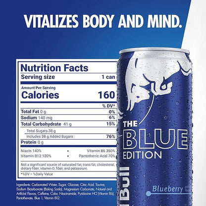 Red Bull Blue Edition Energy Drink, Blueberry, with 114mg Caffeine plus Taurine & B Vitamins, 12 Fl Oz, Pack of 24 Cans