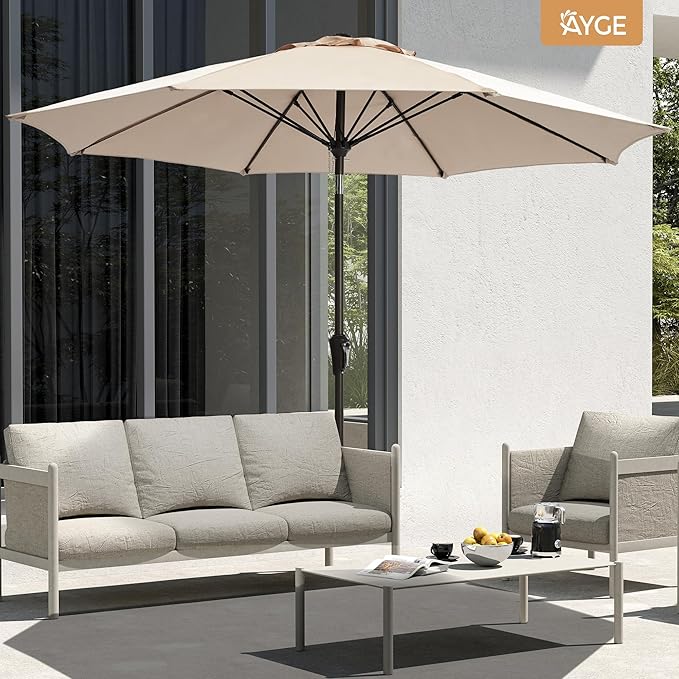 Ayge 9FT Large Outdoor Patio Umbrella Market Table Umbrella-UV Resistant, Easy Push Button Tilt and Crank, 8 Sturdy Fiberglass Ribs Heavy-Duty Pool Umbrella for Deck, Backyard,Garden