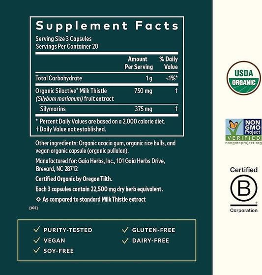 Gaia Herbs Milk Thistle - Liver Supplement & Cleanse Support for Maintaining Healthy Liver Function* - 60 Vegan Capsules (20-Day Supply)