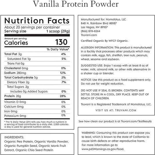 Truvani Vegan Pea Protein Powder | Vanilla | 20g Organic Plant Based Protein Per Serving | 20 Servings | Keto | Gluten & Dairy Free | Low Carb | No Added Sugar