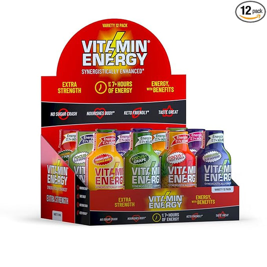 Vitamin Energy Extra Strength Daily Energy Shot – Variety Pack – 260mg Caffeine, B-Vitamins, Vitamin D, Rhodiola – Mood, Focus, Strength, Immunity – Zero Sugar, Vegan, Kosher – 1.93 fl oz, 12-Pack