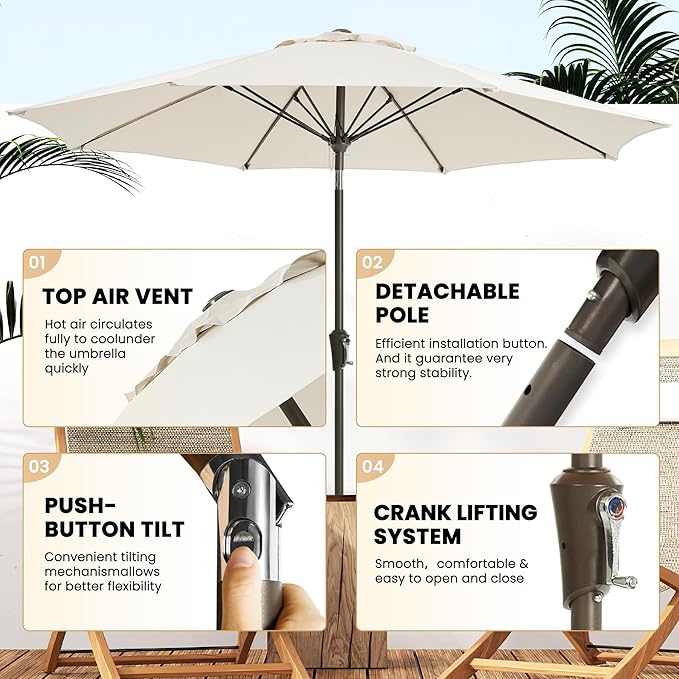 Ayge 9FT Large Outdoor Patio Umbrella Market Table Umbrella-UV Resistant, Easy Push Button Tilt and Crank, 8 Sturdy Fiberglass Ribs Heavy-Duty Pool Umbrella for Deck, Backyard,Garden