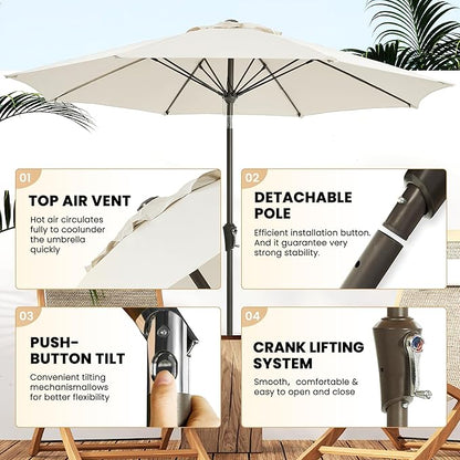 Ayge 9FT Large Outdoor Patio Umbrella Market Table Umbrella-UV Resistant, Easy Push Button Tilt and Crank, 8 Sturdy Fiberglass Ribs Heavy-Duty Pool Umbrella for Deck, Backyard,Garden