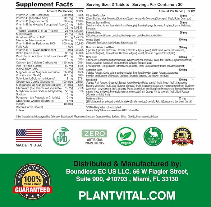 Plantvital Whole Food Multivitamin - Multivitamins with 42 Superfoods Raw Veggies and Fruits Vitamins Earth Energy Fruits and Veggies Supplement Pure Fruit and Vegetable Supplements - 270 Tablets